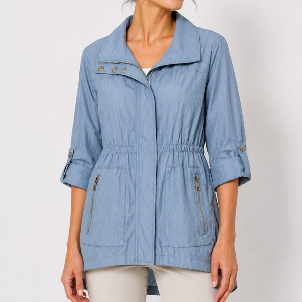 Soft Surroundings Blue Lightweight Utility Jacket Sz L Zip Front Roll Tab Sleeve